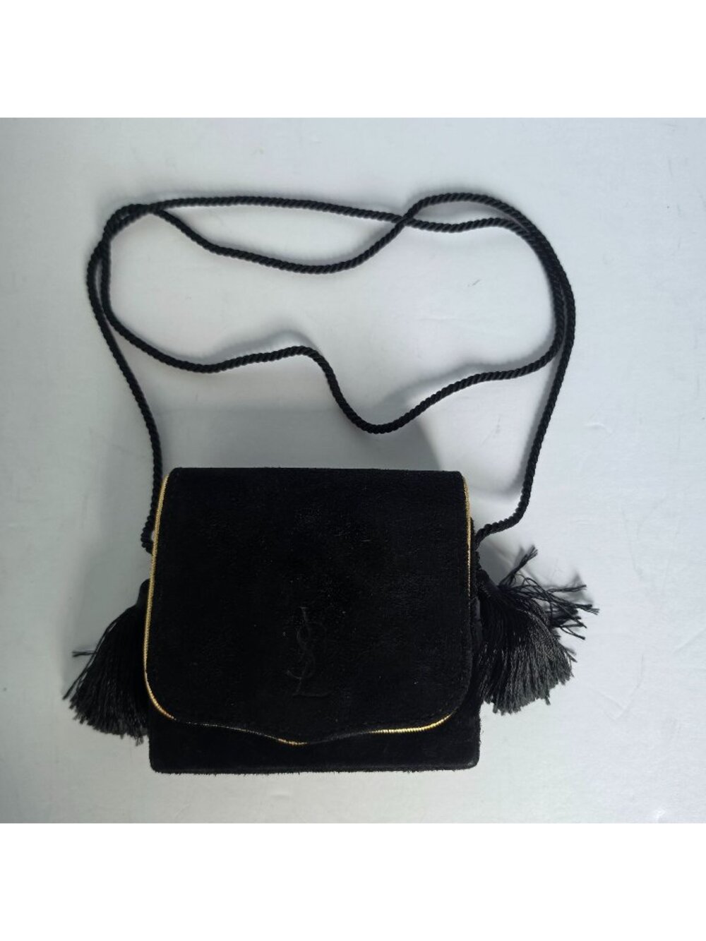 Vintage Yves Saint Laurent YSL Black Suede Tassel Crossbody Mini Bag Gold Trim